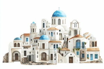 Whitewashed village, blue domes, Mediterranean architecture.