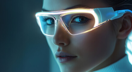 Beautiful woman in neon glasses with LED lights on the frame, close up of her face, beauty portrait