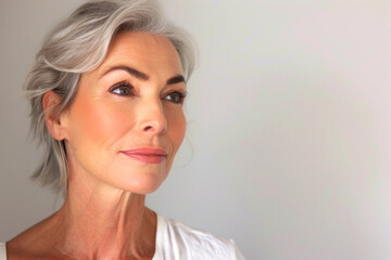 woman fifty years old on a white background close-up Generative AI