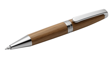 This premium ballpoint pen combines natural wood with polished metal accents for a unique and elegant look. The pen's warm wooden body and sleek design make it a standout writing instrument. Isolated 