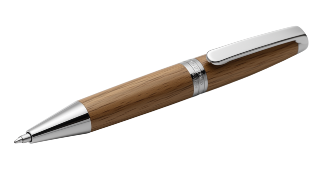 This premium ballpoint pen combines natural wood with polished metal accents for a unique and elegant look. The pen's warm wooden body and sleek design make it a standout writing instrument. Isolated 