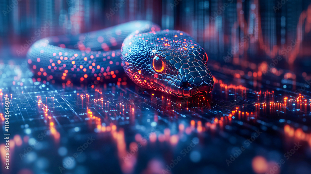 Poster futuristic neon snake with data patterns in a digital environment