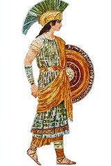 Obraz premium Mosaic artwork depicts warrior, helmet, shield.