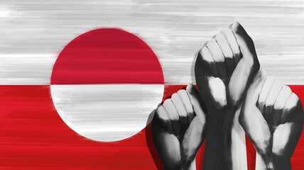 Protest in Greenland.Protest for Greenland.Multiple clenched fists against Greenland flag © Rumana