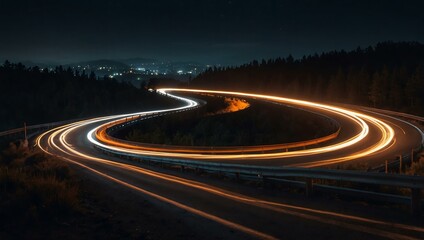 Car navigating a curved road with glowing light trails.