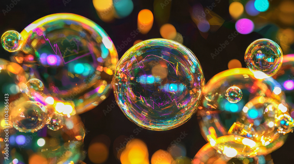 Poster colorful floating bubbles with multicolored reflections and glowing lights