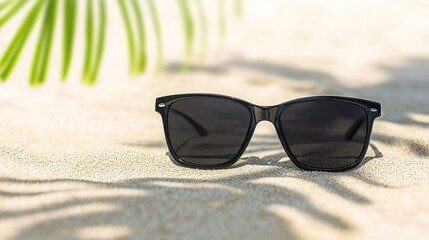 Sunglasses sand warm tropical concept. Stylish Sunglasses on Soft Golden Sand at the Beach
