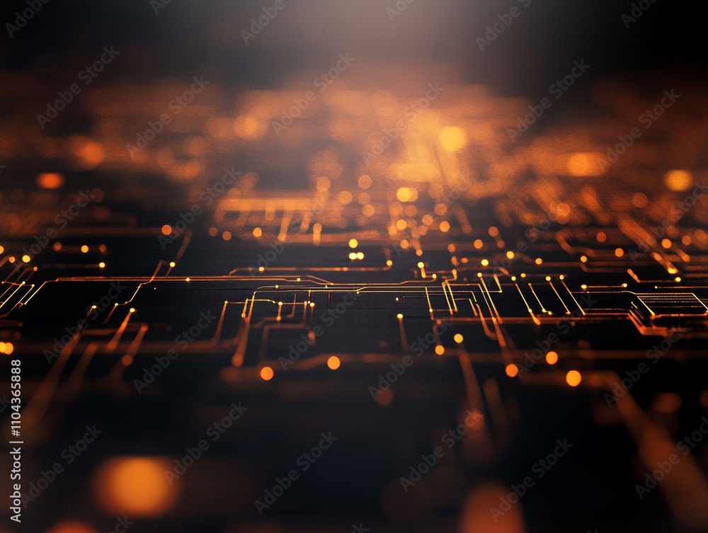 Poster Glowing orange lines and geometric shapes emerge from a dark backdrop, forming a complex network of digital nodes, highlighting the flow of technology and information