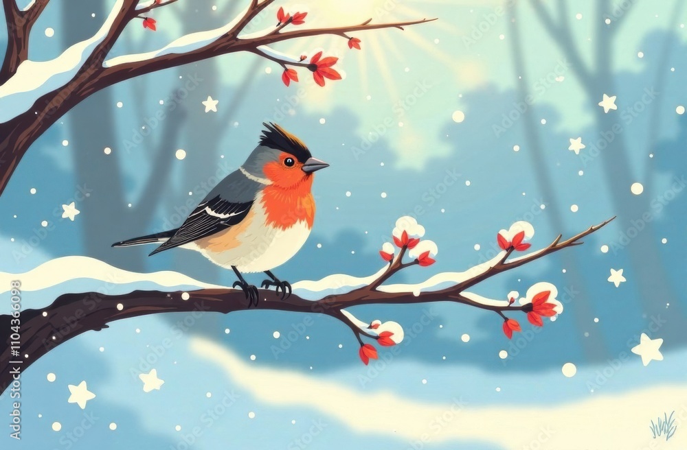 Poster a vibrant bird sits on a snowy branch with red berries, surrounded by a tranquil winter scene filled