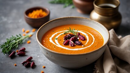 Bogata i kremowa miska zupy marchewkowej z dodatkiem indyjskich przypraw, oferująca aromatyczne i rozgrzewające danie, idealne na pocieszający posiłek.