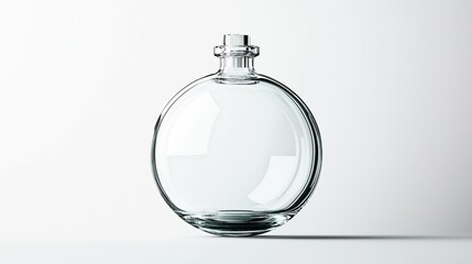 Transparent round glass bottle with a screw cap on a plain white background, showcasing elegant simplicity and minimalist design.