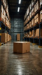 Cardboard box in a warehouse aisle.