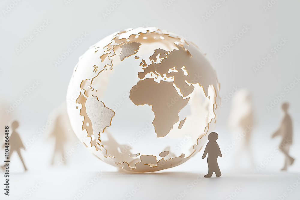 Poster minimalist globe with human figures, representing global unity and connection in a calm setting