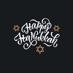 Happy Hanukkah hand writing text. Modern brush ink calligraphy, hand lettering and David's star on black background. Vector illustration for Jewish holiday as greeting card, poster, banner