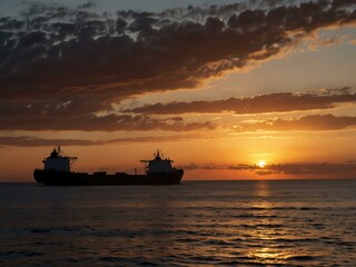 Obraz premium Cargo ship silhouetted at sunset.