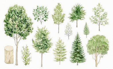 Obraz premium Diverse collection of hand-painted green trees in watercolor style