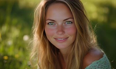 Naklejka premium A woman with long blonde hair and green eyes is smiling at the camera