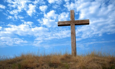 A wooden cross standing on a hill, symbolizing Christian faith, sacrifice, and hope. A powerful representation of the crucifixion and salvation