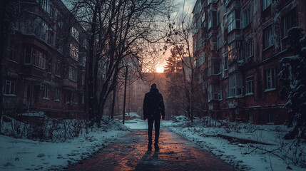 Silhouette of a person walking through a snowy urban alleyway at sunset, with warm glowing light and atmospheric tones