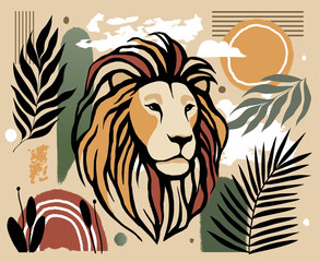 Lion illustration with foliage and abstract accents on beige background.