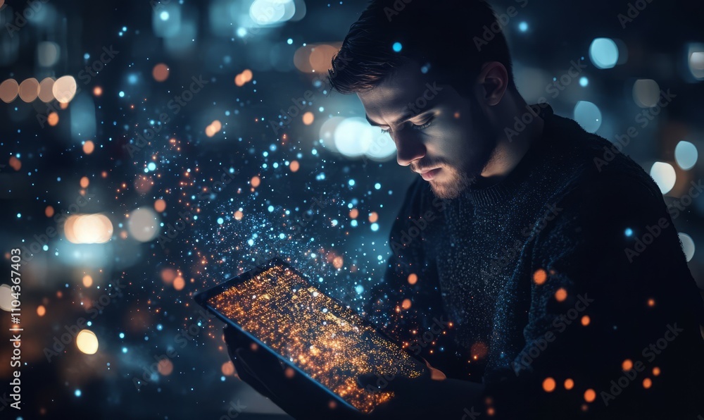 Aufkleber this image shows a man in a dim-lit setting, interacting with digital data on a tablet, represented 