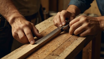 Carpenter working with a plane on wood.