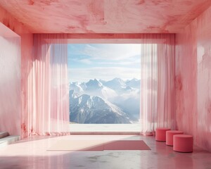 A serene, modern interior space with pink walls and a stunning mountain view, perfect for...