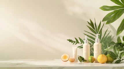 Luxurious Anti-Aging Skincare Elixir Arrangement on Marble Countertop - Conceptual Beauty Shot with Fresh Fruits and Green Leaves for Wellness Promotion