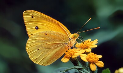 Obraz premium A delicate golden butterfly resting on a flower, golden butterfly, natural beauty