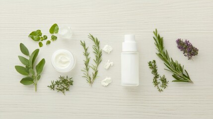 Natural Anti-Aging Skincare Concept with Fresh Herbs and Botanicals on Wooden Surface