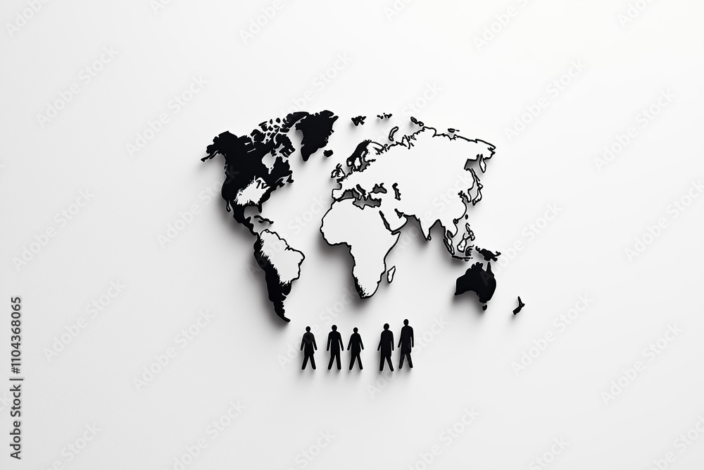 Poster silhouettes of humans stand beneath a minimalist globe, symbolizing connection and unity in a global