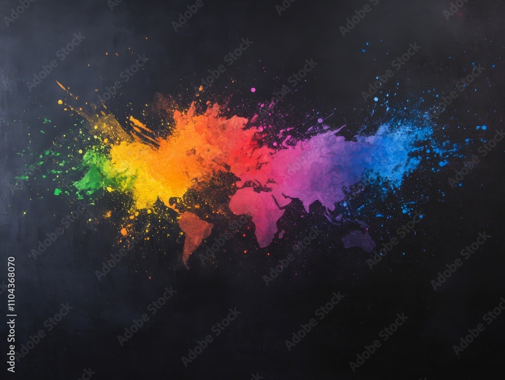 Aufkleber an abstract painting of a world map features vibrant acrylic splashes on black canvas, illustrating 