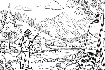 Obraz premium A contemplative artist, wearing a hat, admires a serene mountain landscape while preparing to paint, evoking inspiration amidst nature.