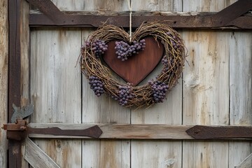 A rustic scene of a heart-shaped wreath made from grapevines, hanging on a barn door,