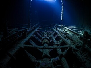 Engine room of a wrecked fishing boat
