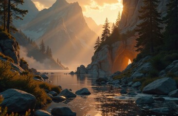 Golden sunlight streams through tall mountains and trees, illuminating a calm river and rocky shoreline during sunrise. Generative AI