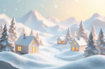Naklejka premium Snow blankets the landscape as charming houses light up against a backdrop of mountains and evergreen trees during twilight. Generative AI