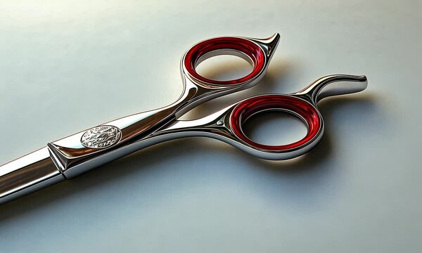 A pair of shiny, silver scissors with red accents, designed for cutting purposes.