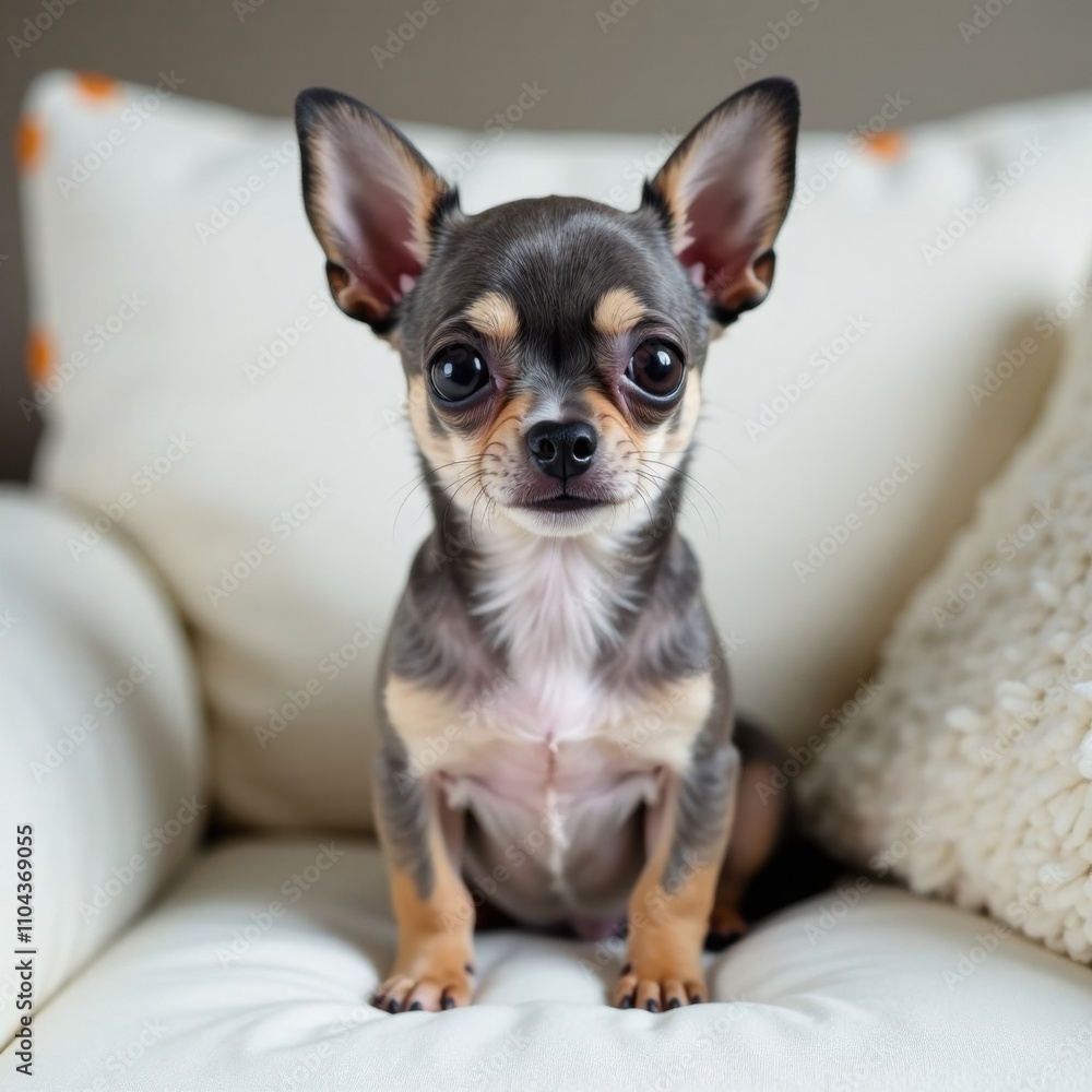 Poster a small chihuahua with large ears sits attentively on a comfortable couch, looking directly at the v