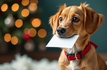 Cute creamy dog holding letter or card or sign with copy space in the mouth, festive blurred...