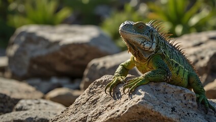 Obraz premium Cartoon iguana basking on a rock.