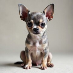 Fototapeta premium A playful chihuahua puppy with large ears sits calmly on a neutral surface, gazing curiously into the distance with bright eyes. Generative AI
