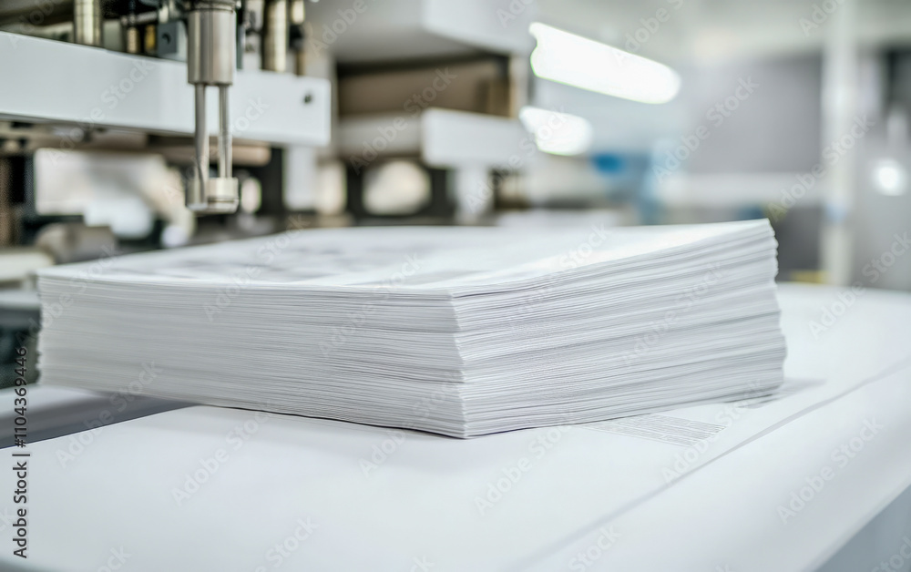 Poster high-speed printing process with stacked sheets of paper in industrial setting