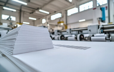 Industrial paper manufacturing: large stack of paper sheets in modern factory setting