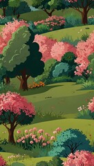 Cartoon landscape with green trees, grass, and pink flowers.