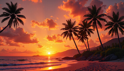 Silhouettes of Palm Trees by the Sea at Sunset