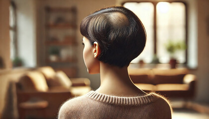 Close-up bald woman female indoors, strength and recovery from alopecia. Highlights health care, dermatology, emotional resilience. Hair loss, treatment, and lifestyle changes.