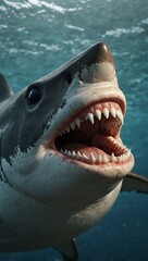 Naklejka premium Cartoon shark with open mouth and teeth exposed.