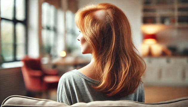 Close-up bald woman female indoors, strength and recovery from alopecia. Highlights health care, dermatology, emotional resilience. Hair loss, treatment, and lifestyle changes.