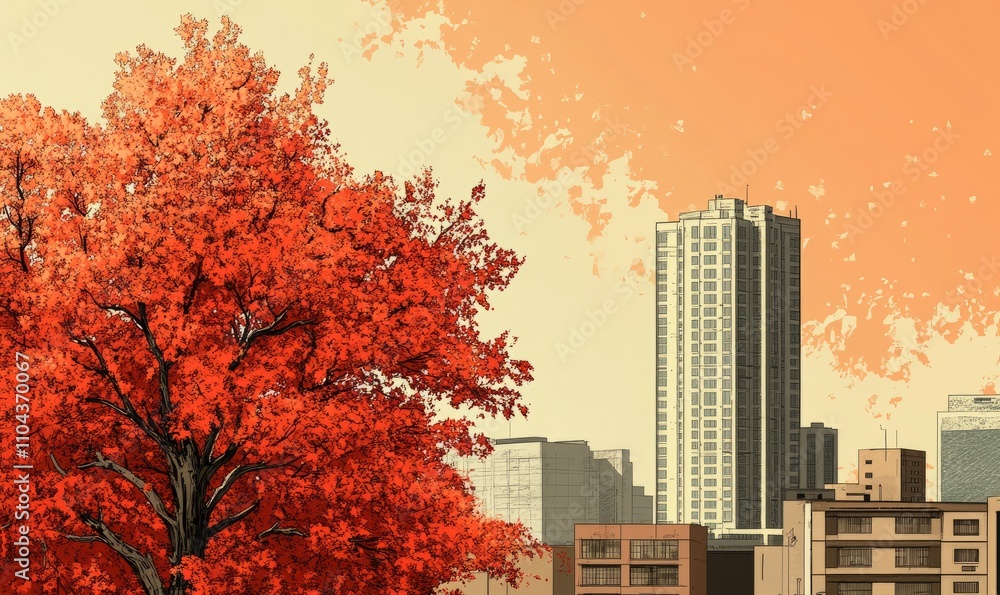 Poster a cityscape with a tall building in the background and a tree in the foreground